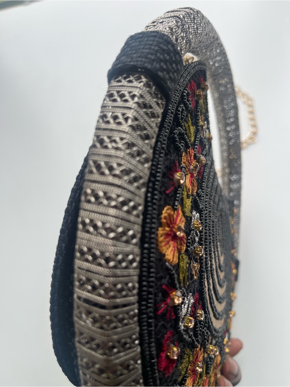 Women's Black & Gold embroidered whirl round partywear clutch & shoulder Bag - Picture 3 of 6